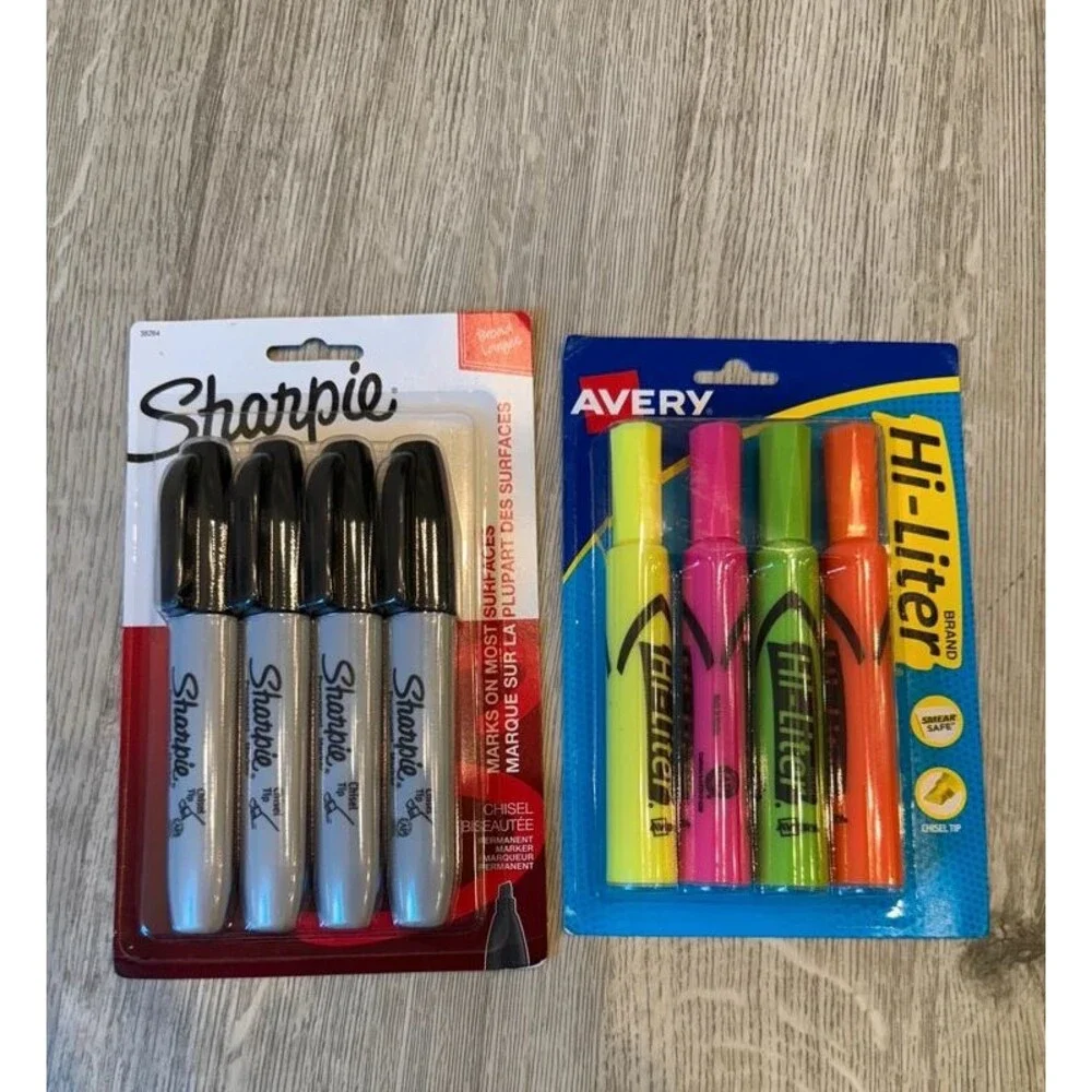 Chisel Tip Sharpie Black Markers & Assorted Highlighters 8 count New Stock